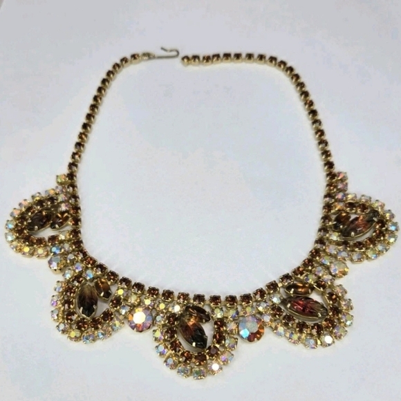 Topaz Aurora Borealis Rhinestone 1950 Choker With Molded Art Glass Leave **READ* - Picture 1 of 10